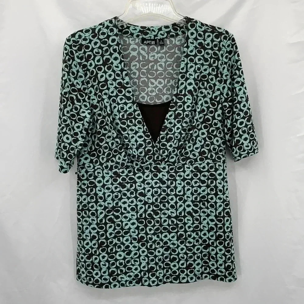 Apt. 9 Faux Wrap Top Women M Brown Mint Green Geometric Circle Print Stretch